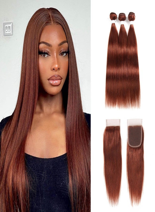 ijoy Human Hair Bundles with Closure Straight 12 14 16 +C12 Inch Brazilian Reddish Brown 3 Bundles with 4x4 HD Lace Closure Free Part 33# Color - Image 1